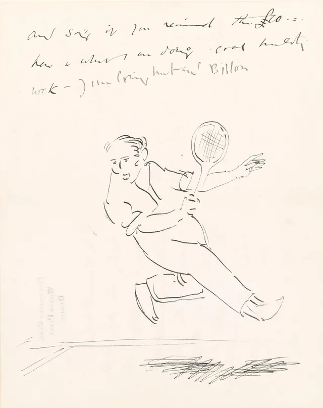 Carta com um autorretrato jogando tênis no Fitzwilliam Lawn Tennis Club, Dublin