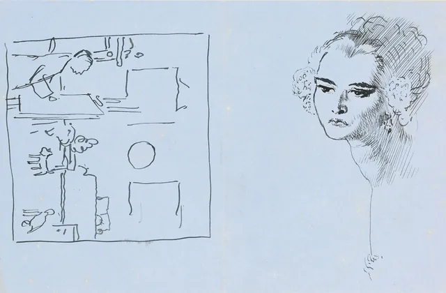 Retrato desenhado de uma mulher e do artista pintando em seu ateliê