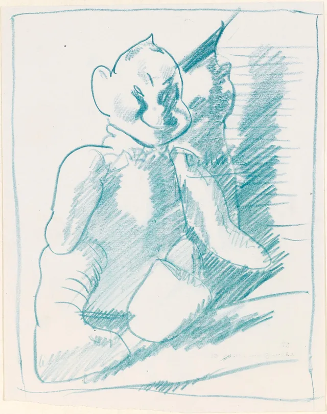 Croquis d'un jouet d'enfant avec des dessins d'enfant au verso, William Orpen