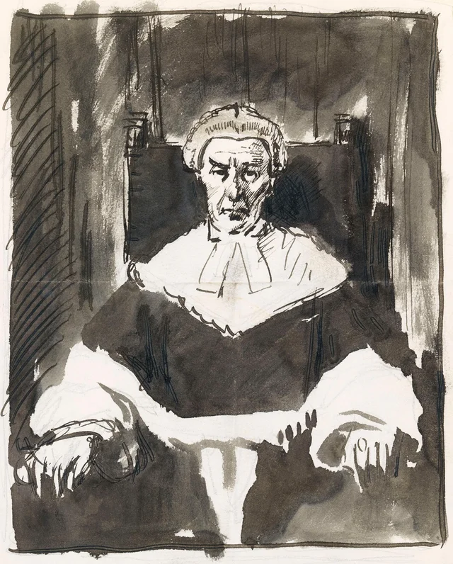 Boceto de un juez y dibujo de un rostro de mujer al dorso