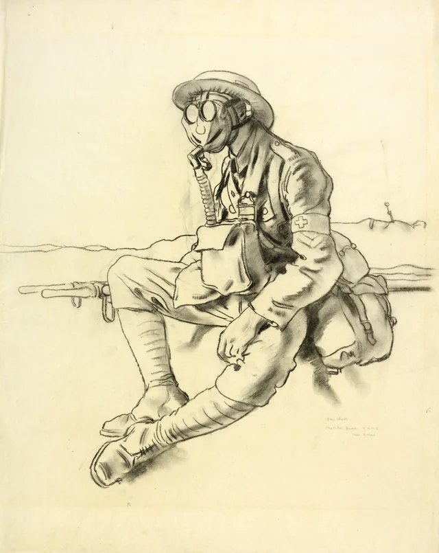 A máscara de gás. Maqueiro do RAMC, perto de Arras