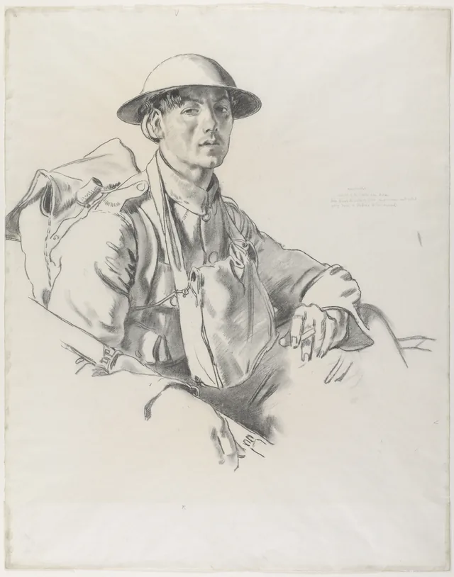 Os Manchesters, Arras. «Recém-saídos das trincheiras perto de Arras. Passaram pelas batalhas de Ypres e do Somme sem um arranhão. Voltam a Sheffield para se casar.», William Orpen