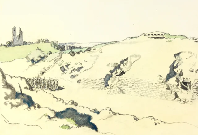 La carretera de Arras: vista sobre la carretera de Arras, el Mont-Saint-Éloi y la cresta de Vimy, William Orpen