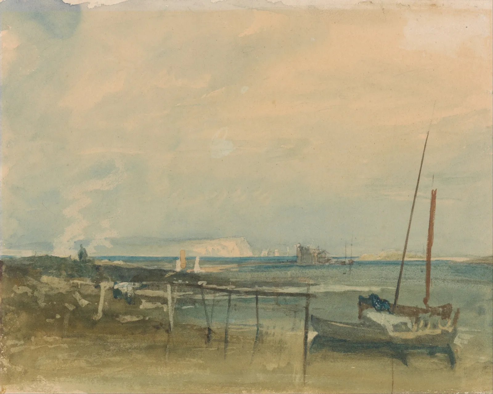 Coast Scene with White Cliffs and Boats on Shore, J. M. W. Turner