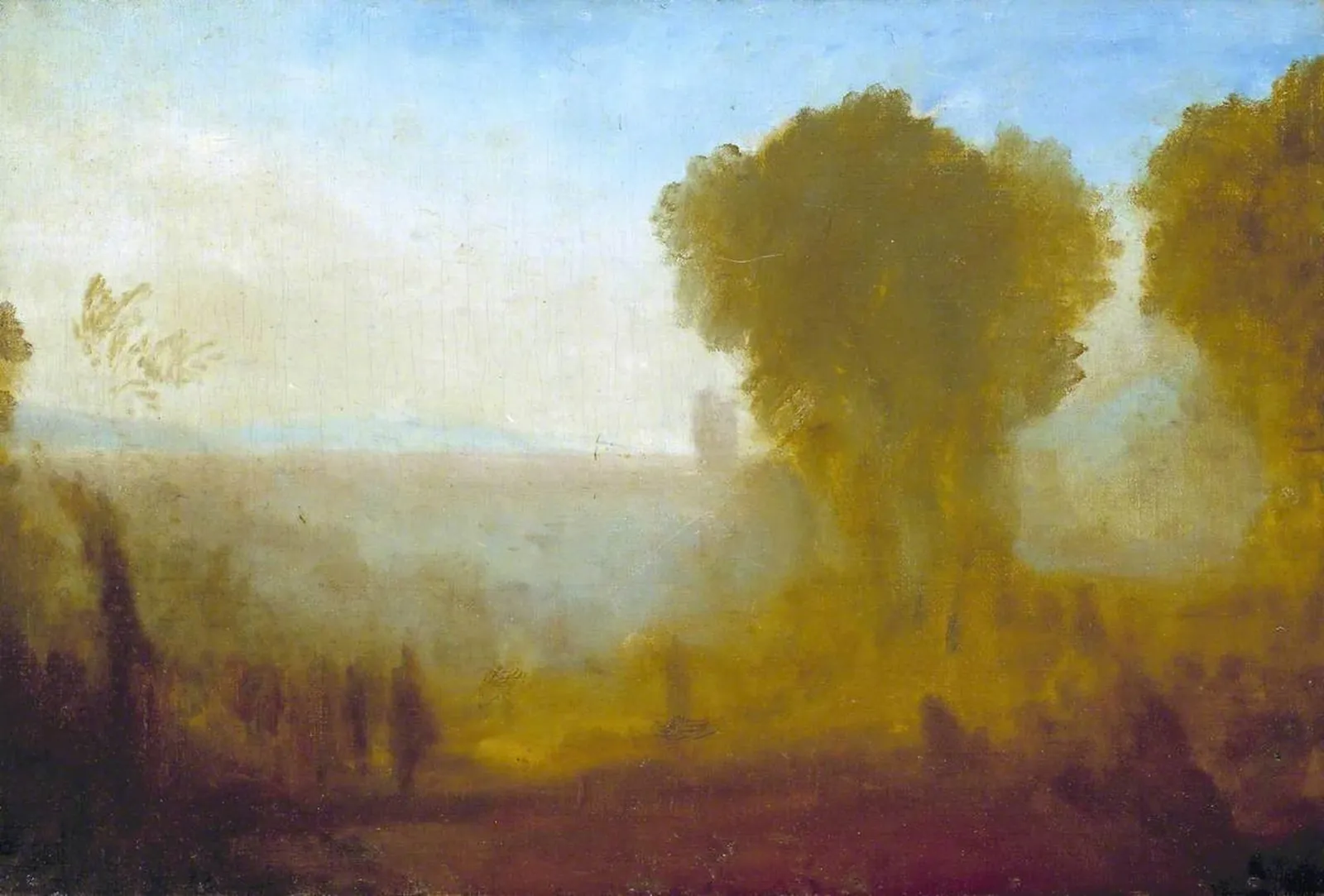 Landscape with Tower, Trees and Figures; possibly Arcueil near Paris, J. M. W. Turner