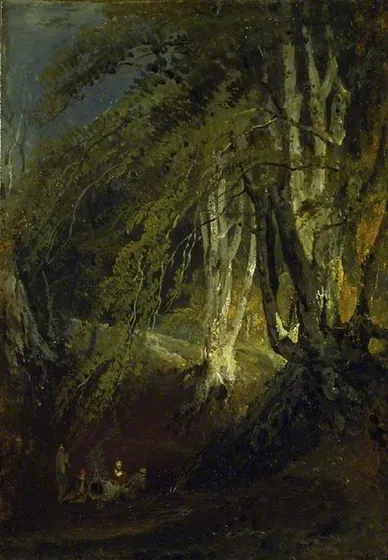 A Beech Wood with Gypsies round a Campfire — J. M. W. Turner