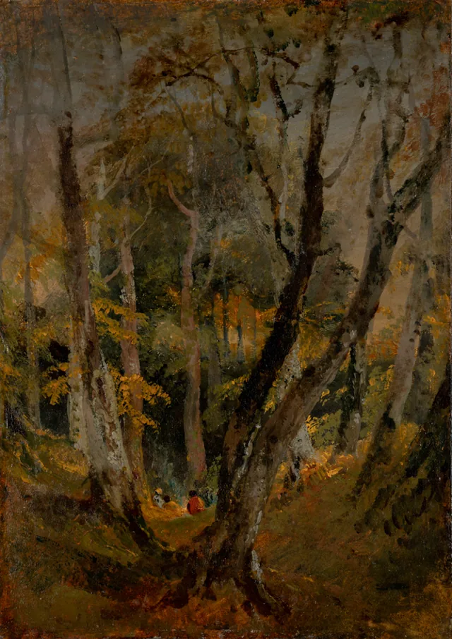 Une hêtraie avec des bohémiens assis au loin, William Turner
