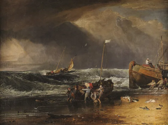 A Coast Scene with Fishermen Hauling a Boat Ashore — J. M. W. Turner