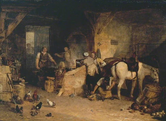 A Country Blacksmith Disputing upon the Price of Iron, and the Price Charged to the Butcher for Shoeing his Poney — J. M. W. Turner