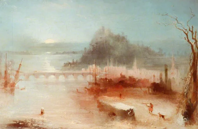 A Town on the Rhine, with a Bridge and a Castle on a Height – Sunrise