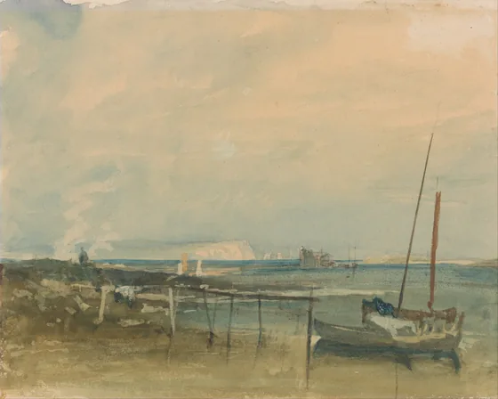 Coast Scene with White Cliffs and Boats on Shore — J. M. W. Turner