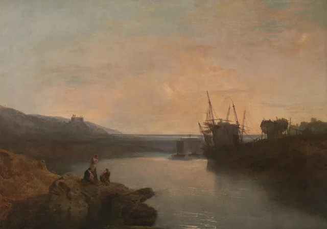 O castelo de Harlech, visto de Tygwyn Ferry, crepúsculo de uma tarde de verão