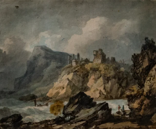 Composição de paisagem com um castelo em ruínas numa falésia