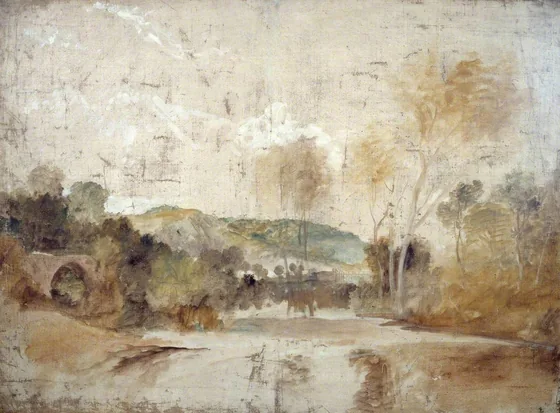 River Scene with Weir in Middle Distance — J. M. W. Turner