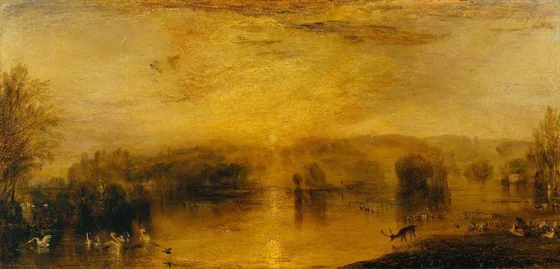 The Lake, Petworth: Sunset, a Stag Drinking — J. M. W. Turner