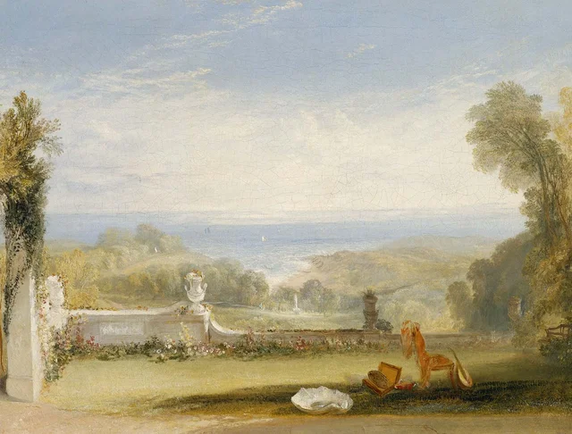 Vista do terraço de uma villa em Niton, ilha de Wight, segundo os croquis de uma dama