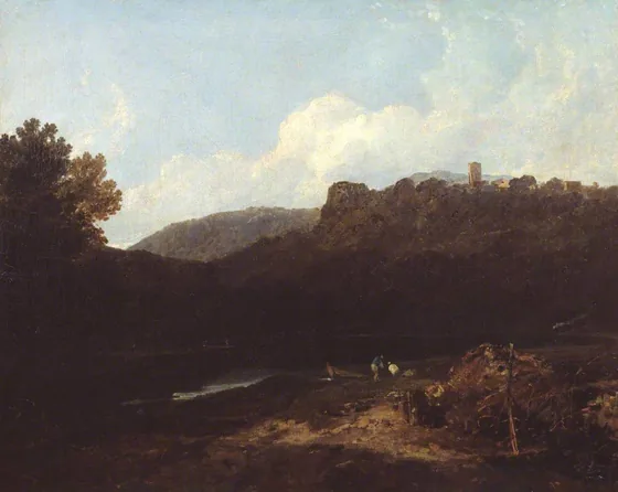 View in Wales: Mountain Scene with Village and Castle - Evening — J. M. W. Turner