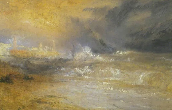 Waves Breaking on a Lee Shore at Margate (Study for ‘Rockets and Blue Lights’) — J. M. W. Turner