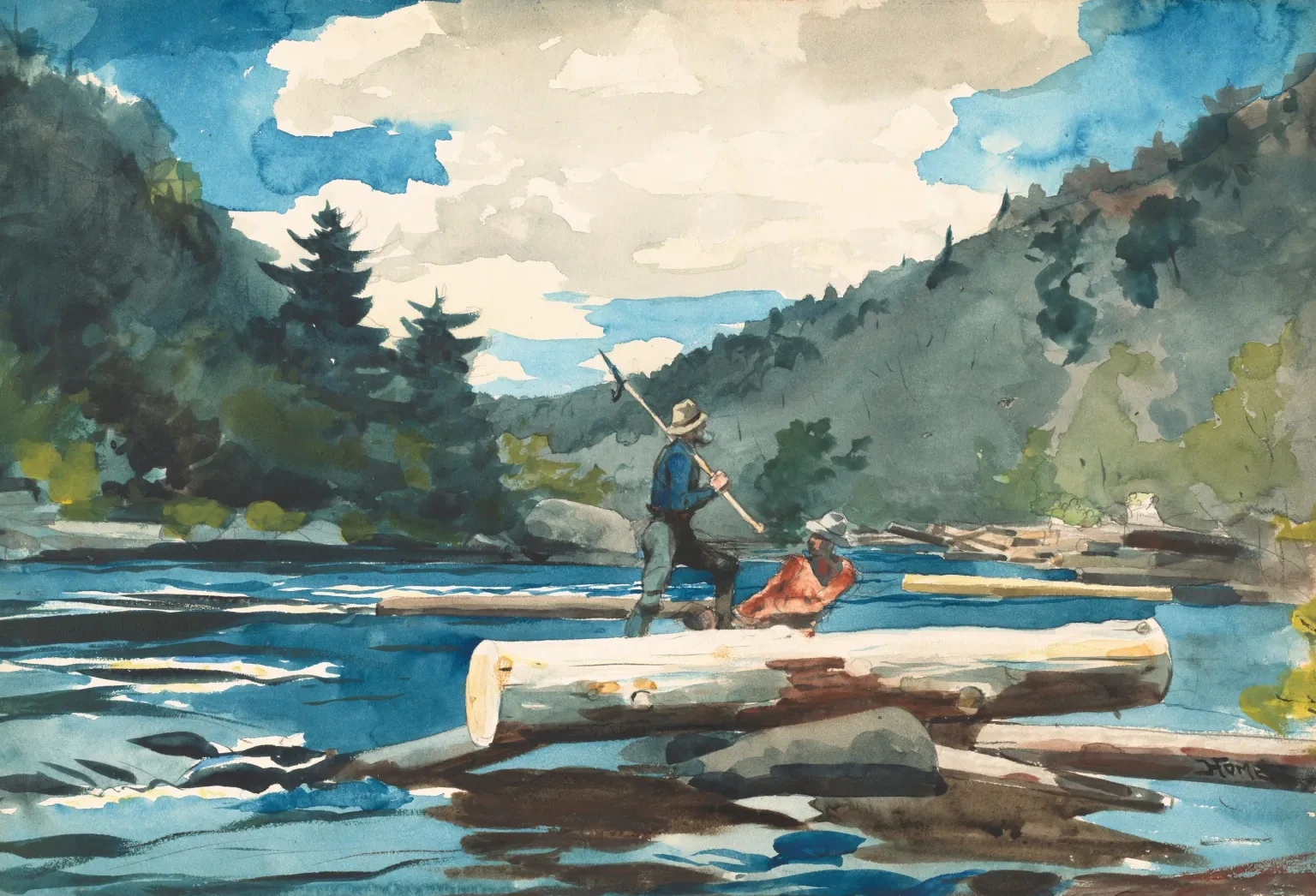 Rio Hudson, extração de madeira, Winslow Homer