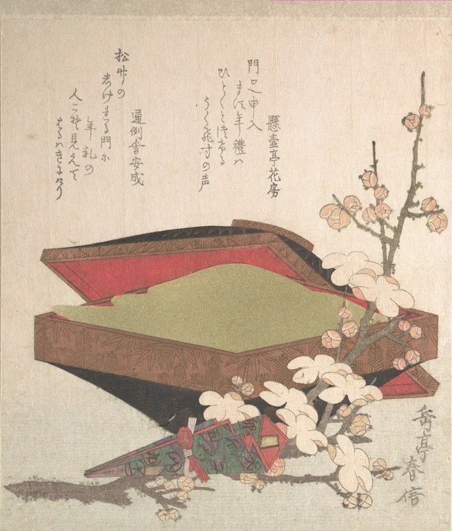 Fleurs de prunier et boîte à gâteaux