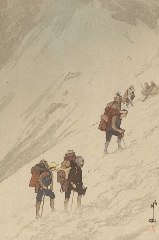 Ascensión de un valle de nieve en Harinoki, de la serie Doce temas de los Alpes japoneses
