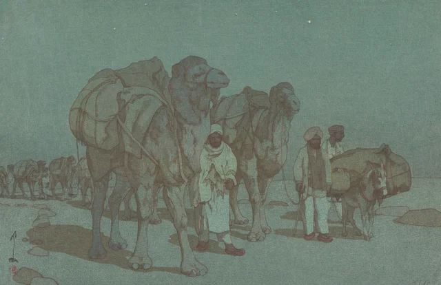 Caravana de Afganistán en una noche de luna, de la serie India y Sudeste Asiático, Yoshida Hiroshi