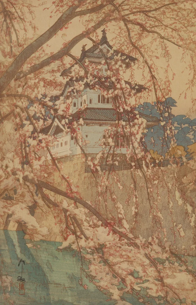 Le château de Hirosaki, de la série Huit scènes de cerisiers en fleurs, Yoshida Hiroshi