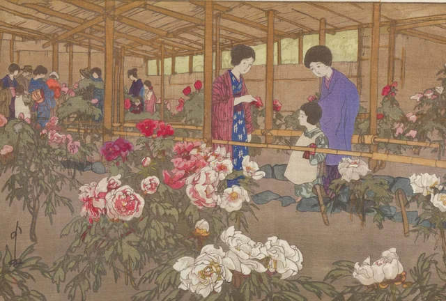 Le jardin de pivoines des Tokugawa à Ochiai, de la série Douze scènes de Tokyo, Yoshida Hiroshi